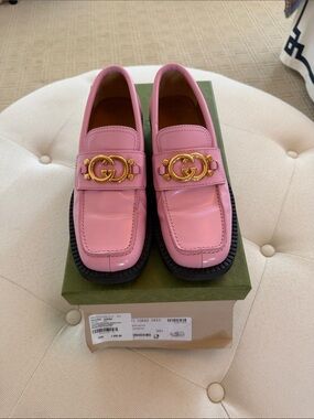 Gucci Pink Patent Leather Loafers with Gold Double G